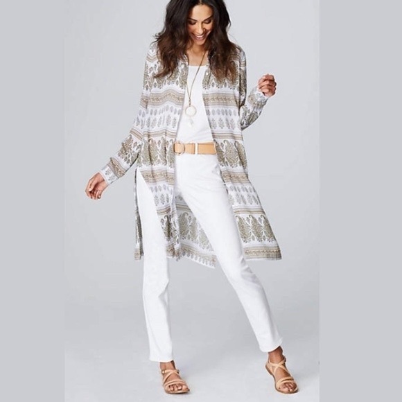 J Jill Tops - J Jill Petite Long Sleeve Paisley Print Tunic Shirt Dress White Olive Green L